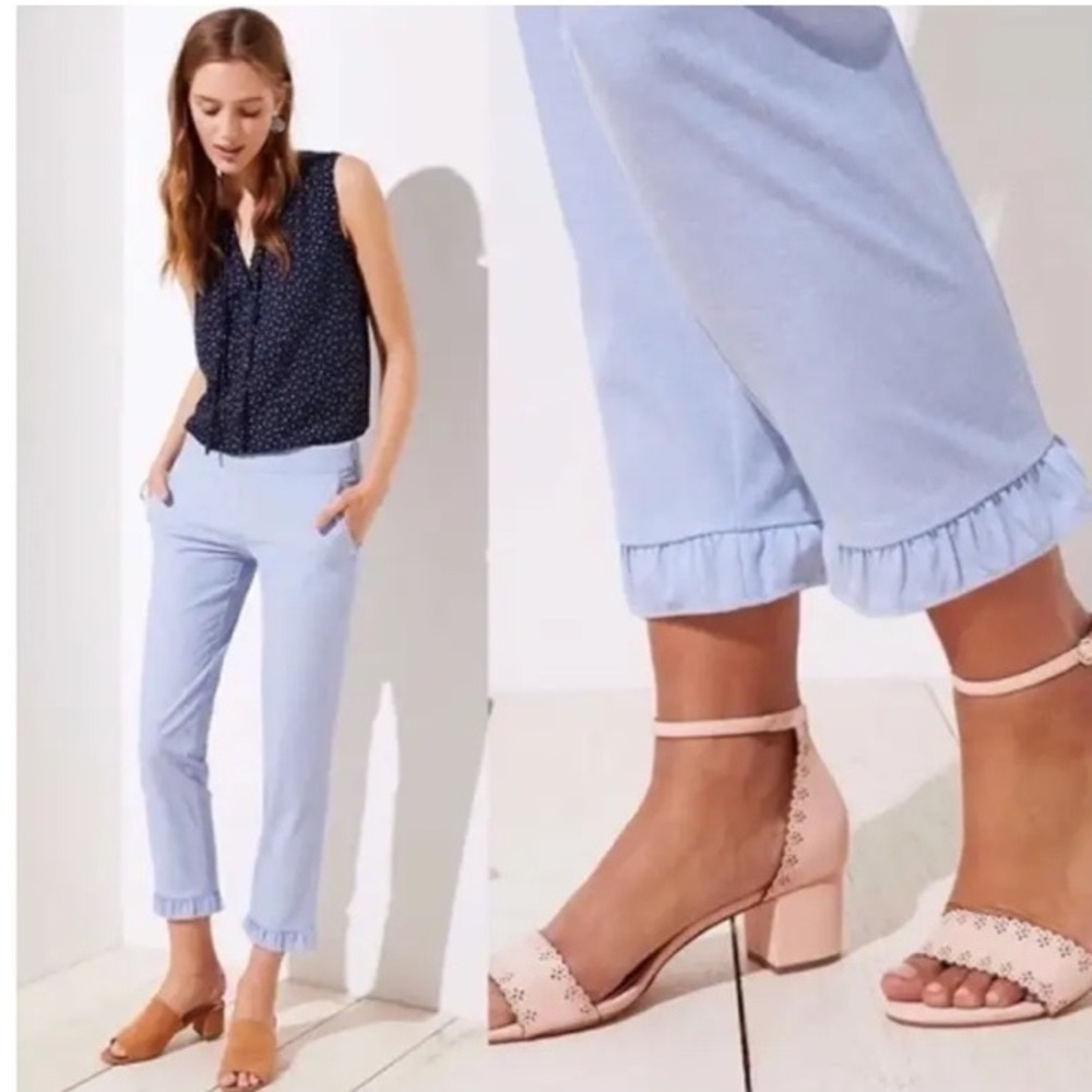 NWT Loft Blue Ruffle Hem Cropped Ankle Pants Size 6P Petite